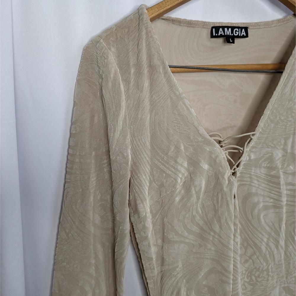 I.am.gia Amina Dress Asymmetrical Plunge Neck Tan Size L - Picture 3 of 7